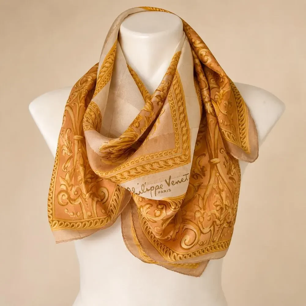 Vintage Philippe Venet Paris Silk Scarf 1980s Gold Baroque Scroll Floral 35